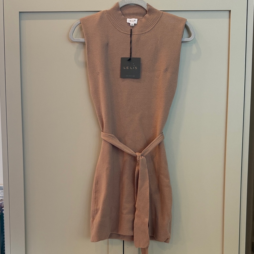 LE LIS Sleeveless Knit Mini Dress in Camel Brown with Waist Tie